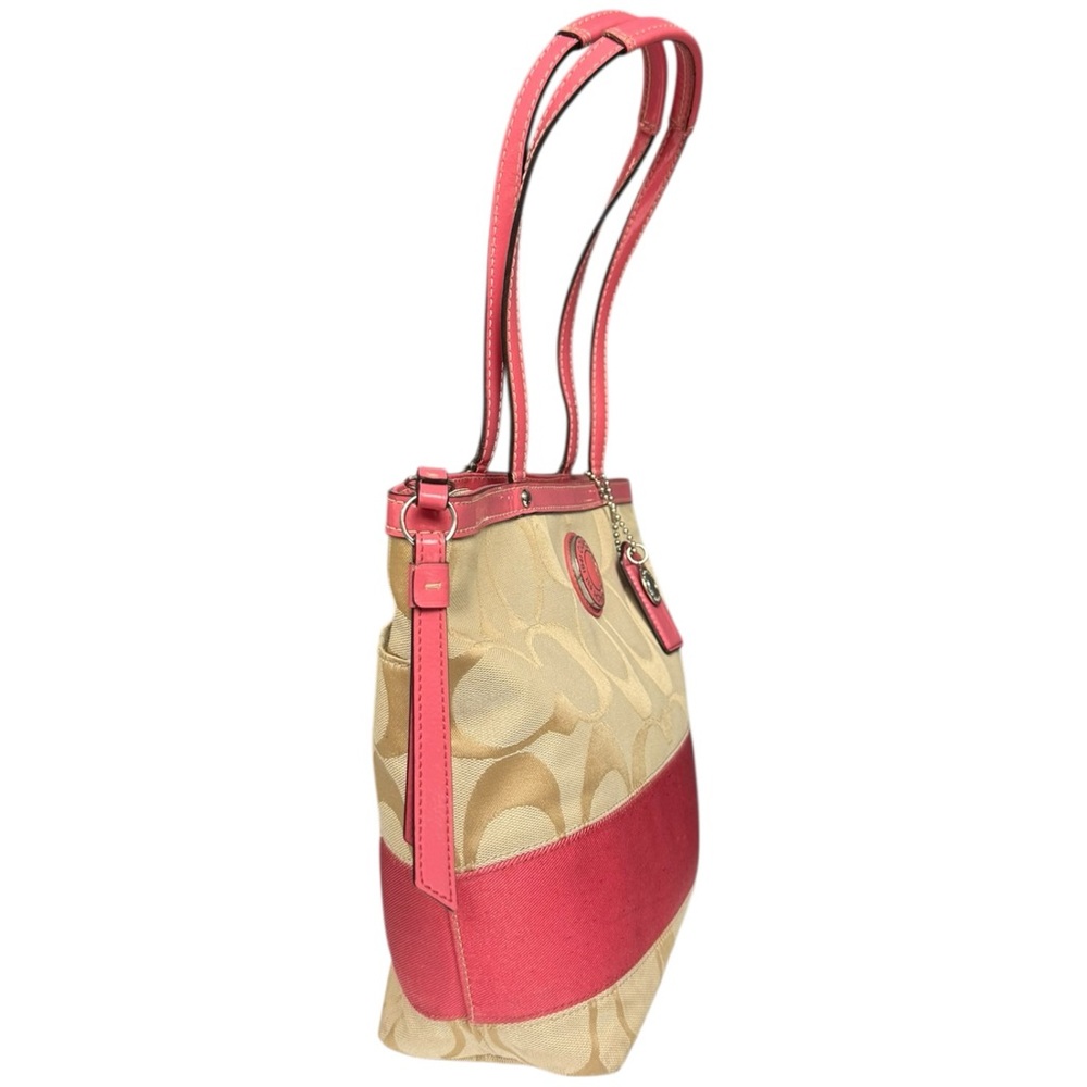 Coach Signature Stripe Tote Bag Light Beige Pink Patent Leather Trim Bag Charm - Picture 3 of 17